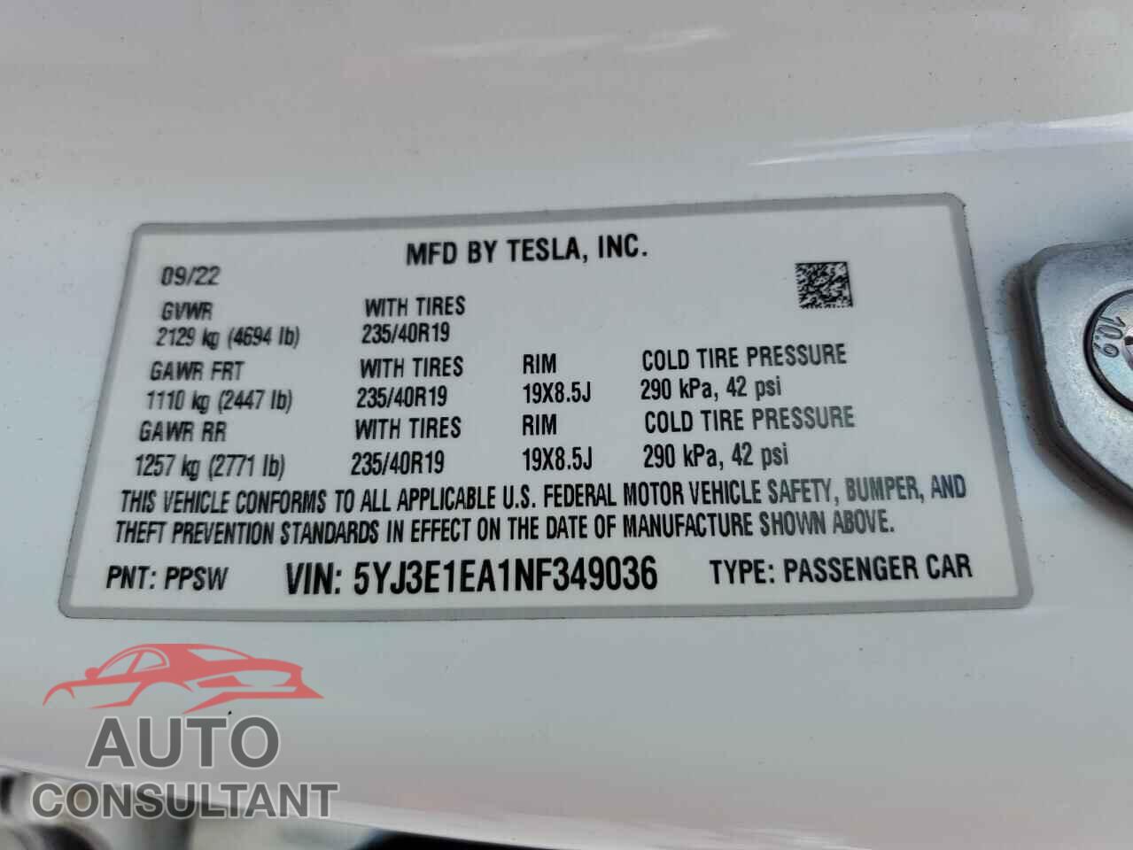 TESLA MODEL 3 2022 - 5YJ3E1EA1NF349036