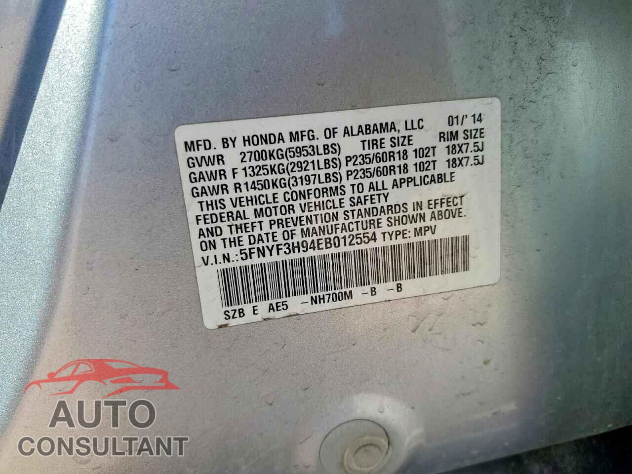 HONDA PILOT 2014 - 5FNYF3H94EB012554