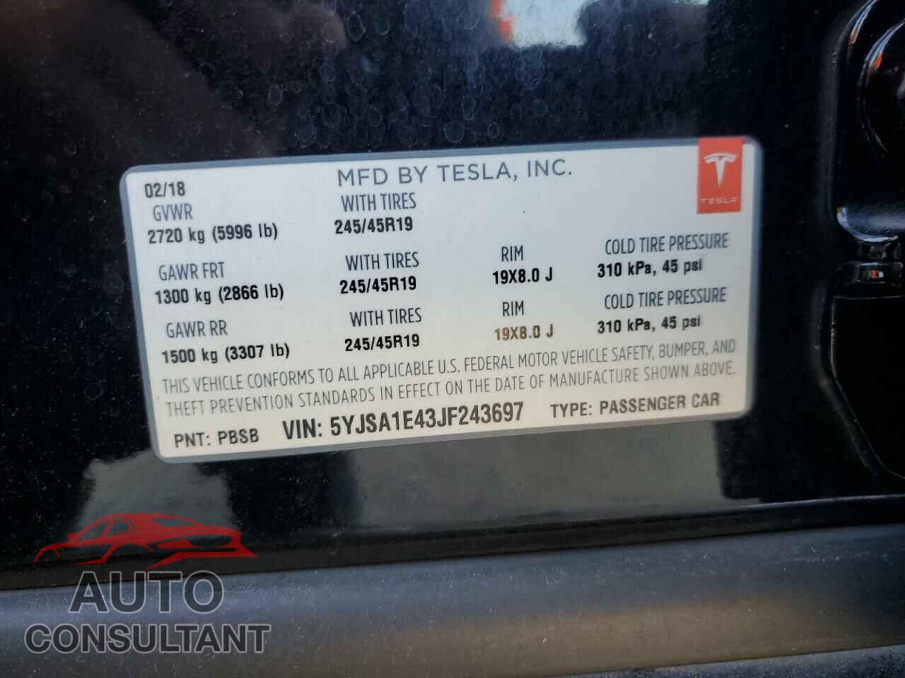 TESLA MODEL S 2018 - 5YJSA1E43JF243697