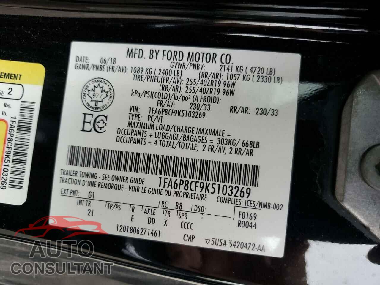 FORD MUSTANG 2019 - 1FA6P8CF9K5103269