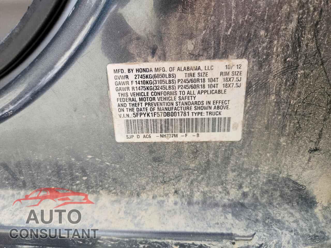 HONDA RIDGELINE 2013 - 5FPYK1F57DB001781