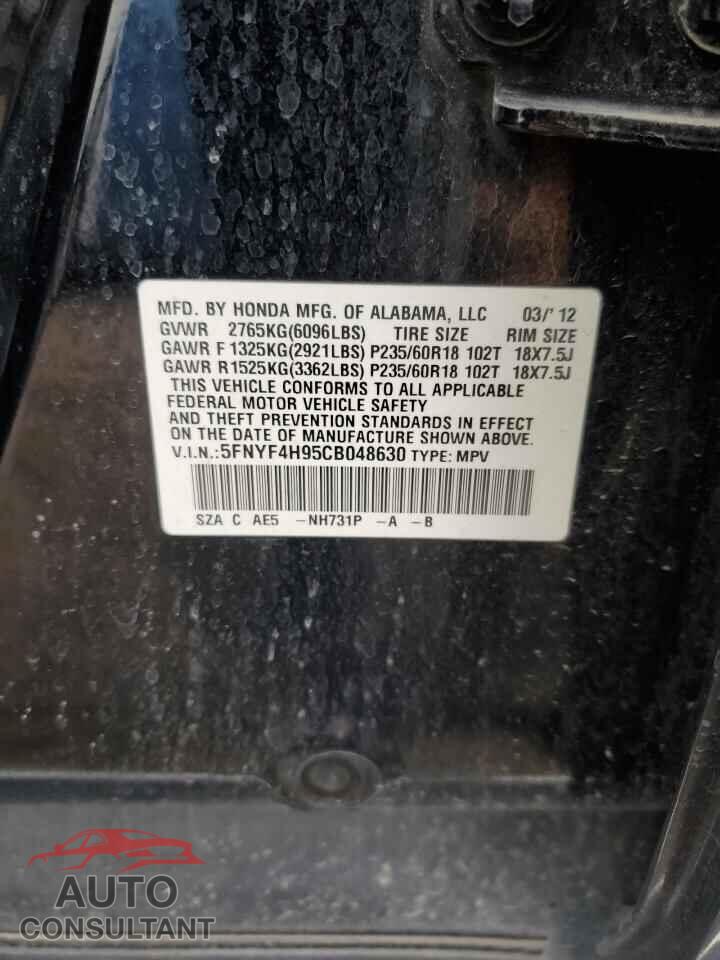 HONDA PILOT 2012 - 5FNYF4H95CB048630