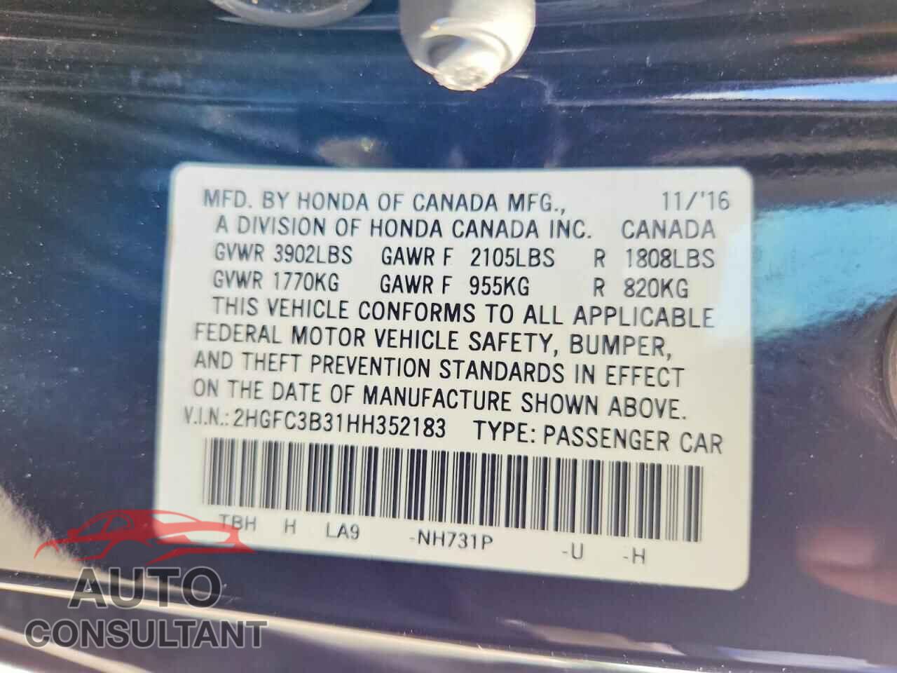 HONDA CIVIC 2017 - 2HGFC3B31HH352183