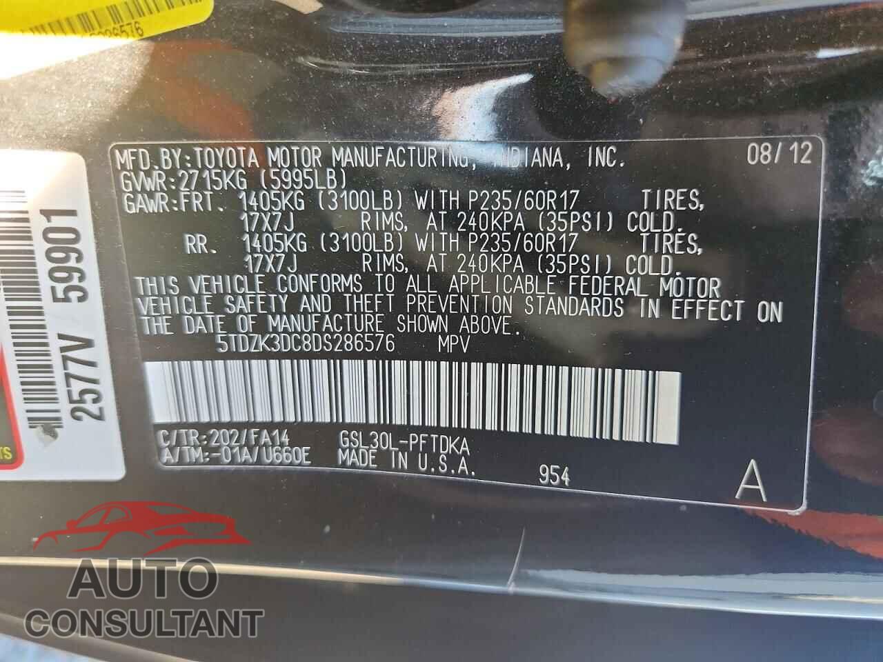 TOYOTA SIENNA 2013 - 5TDZK3DC8DS286576