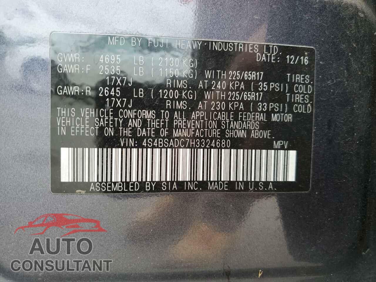 SUBARU OUTBACK 2017 - 4S4BSADC7H3324680