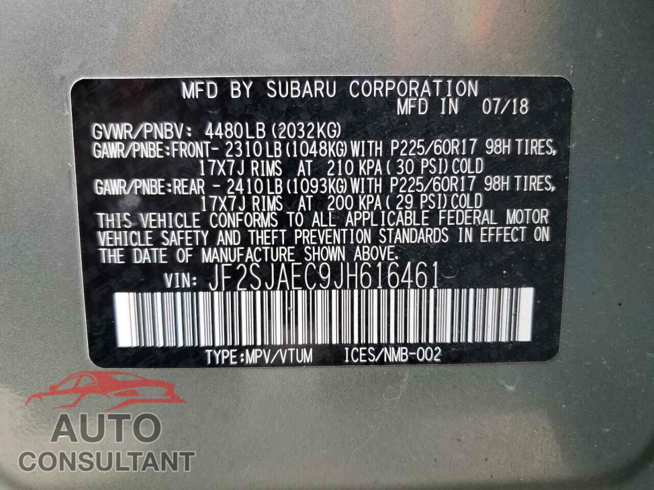 SUBARU FORESTER 2018 - JF2SJAEC9JH616461