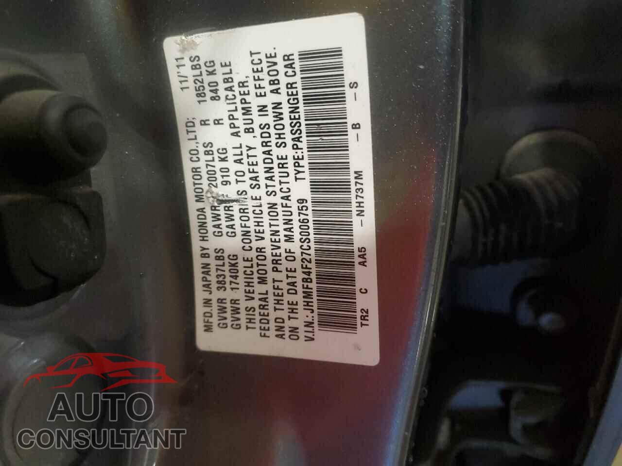 HONDA CIVIC 2012 - JHMFB4F27CS006759