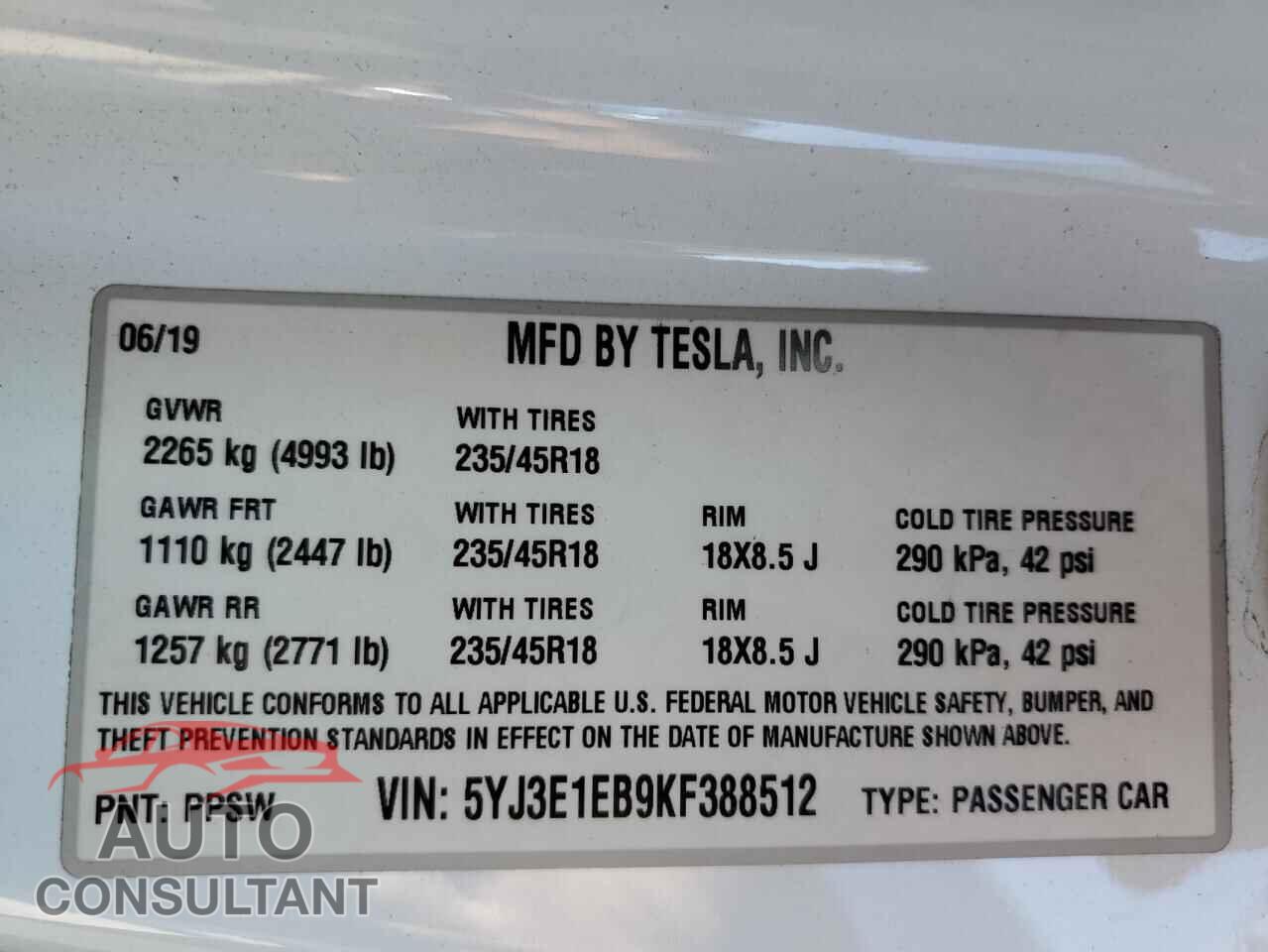 TESLA MODEL 3 2019 - 5YJ3E1EB9KF388512