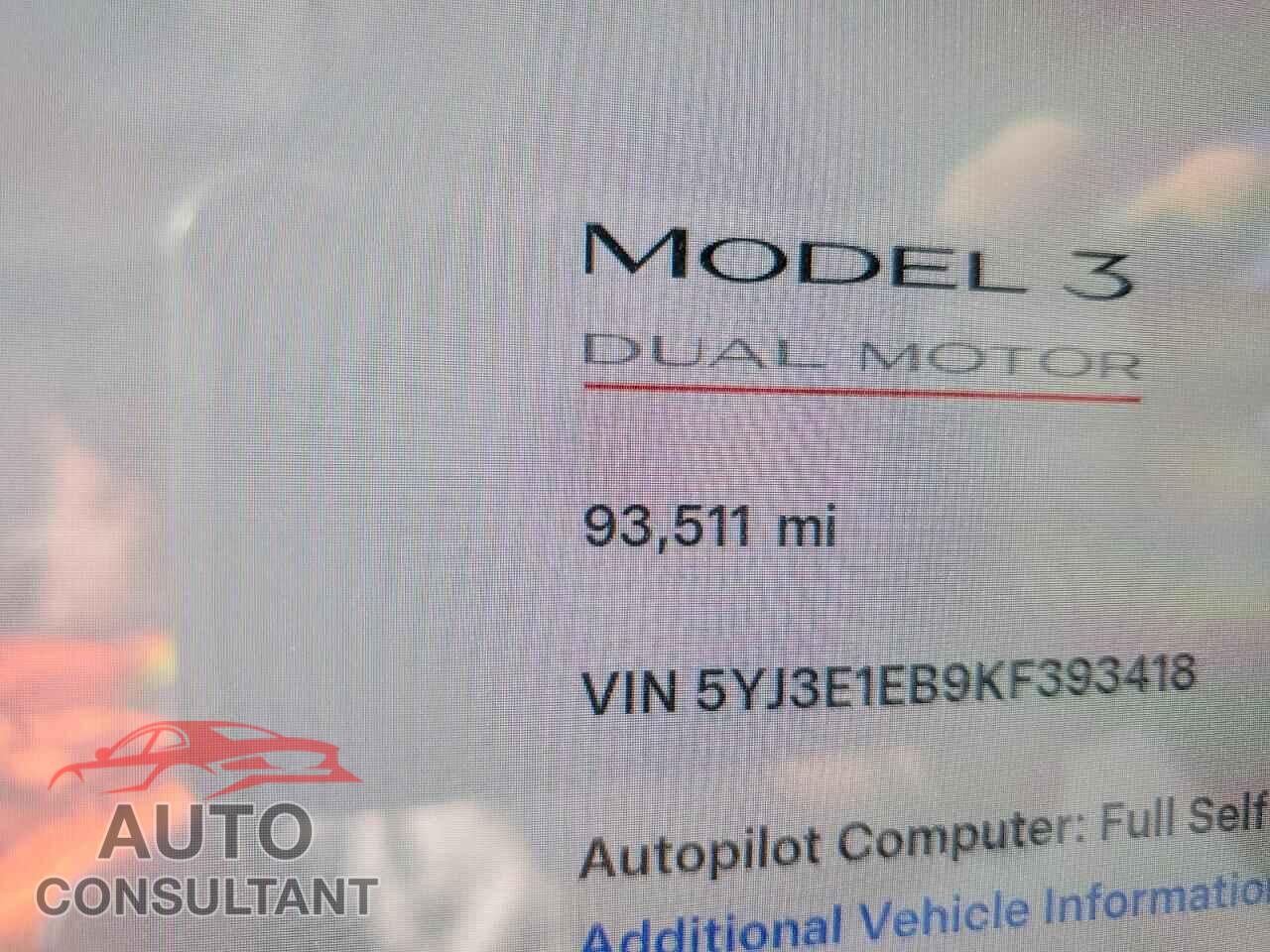 TESLA MODEL 3 2019 - 5YJ3E1EB9KF393418