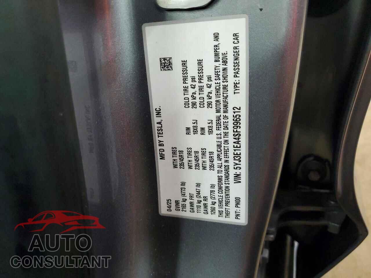TESLA MODEL 3 2025 - 5YJ3E1EA4SF996512