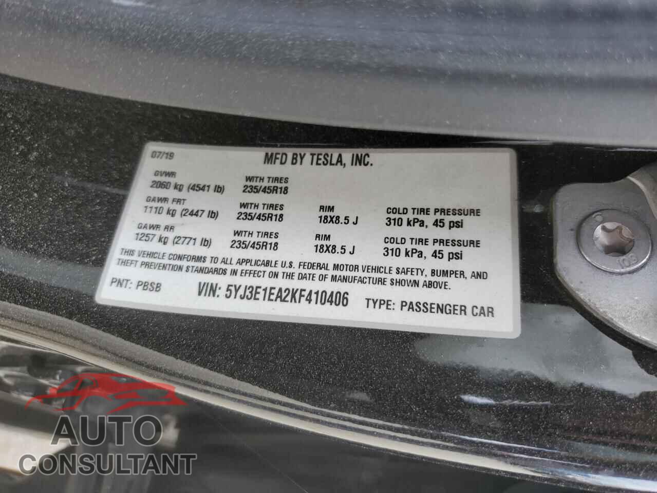 TESLA MODEL 3 2019 - 5YJ3E1EA2KF410406