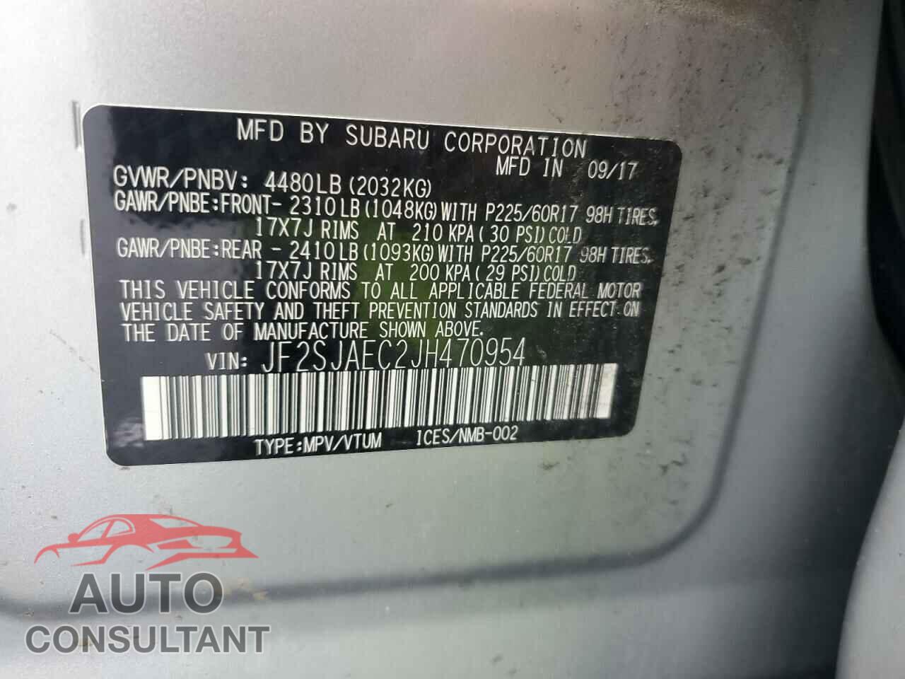 SUBARU FORESTER 2018 - JF2SJAEC2JH470954