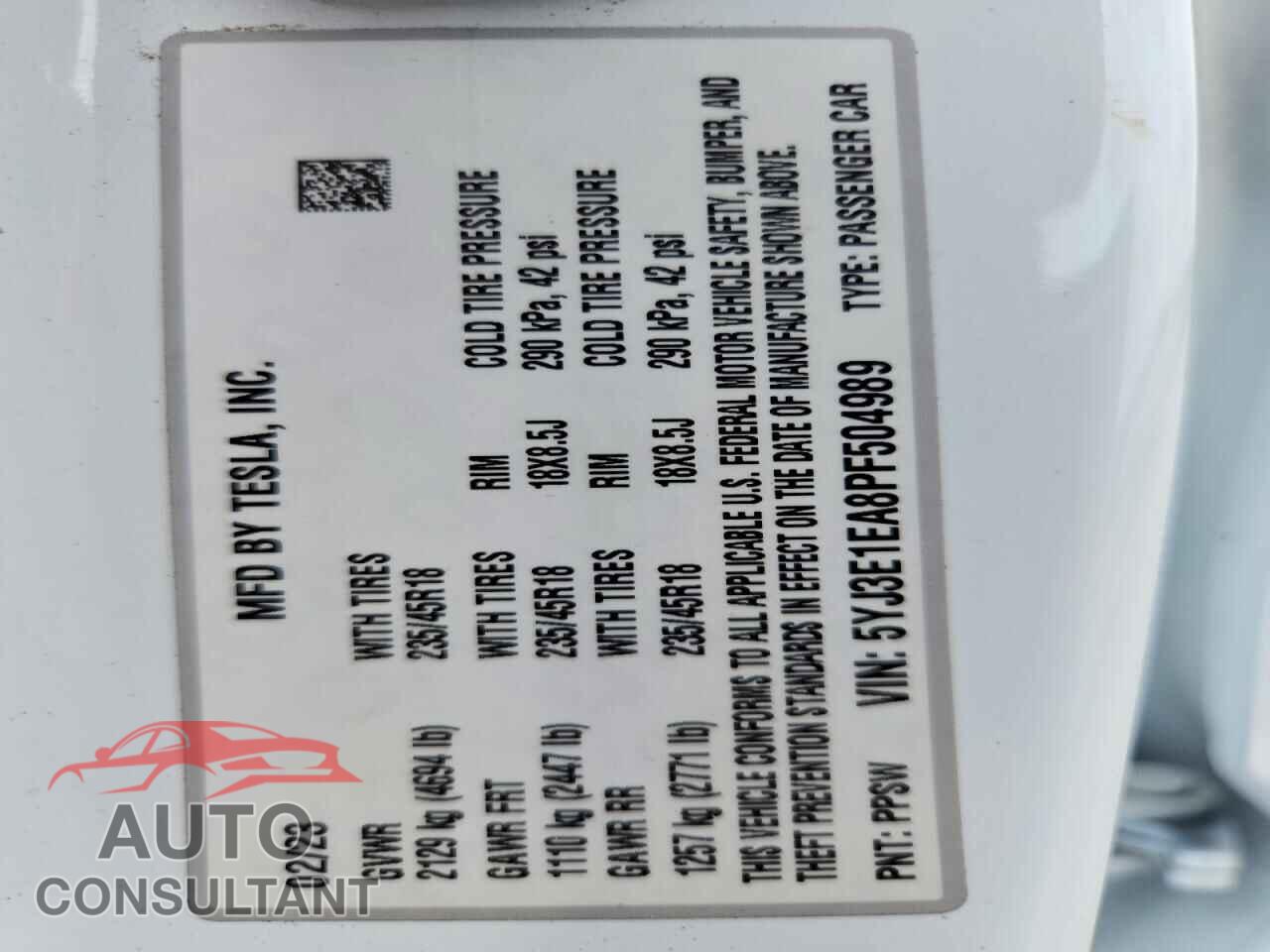 TESLA MODEL 3 2023 - 5YJ3E1EA8PF504989