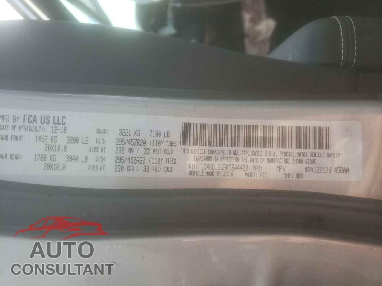 DODGE DURANGO 2019 - 1C4SDJGJ3KC644420