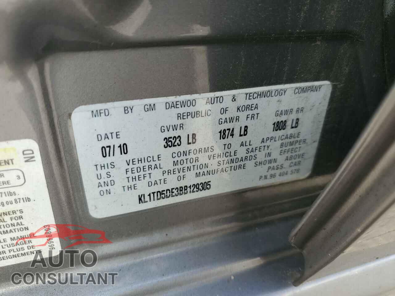 CHEVROLET AVEO 2011 - KL1TD5DE3BB129305