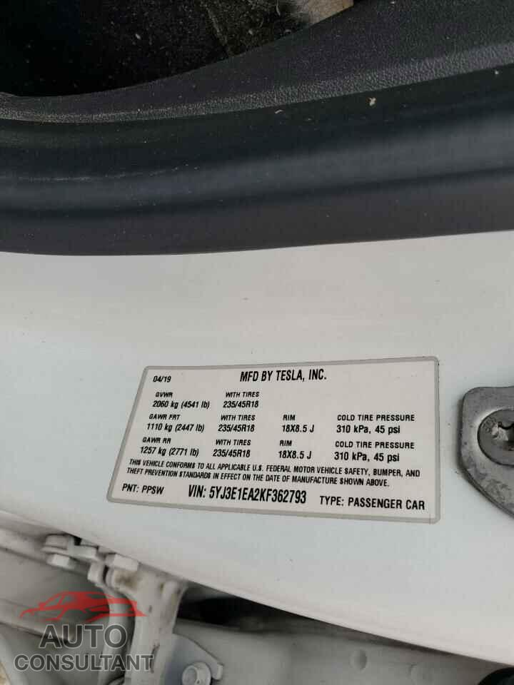 TESLA MODEL 3 2019 - 5YJ3E1EA2KF362793