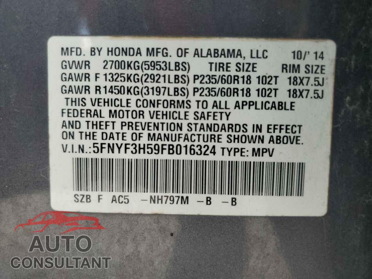 HONDA PILOT 2015 - 5FNYF3H59FB016324