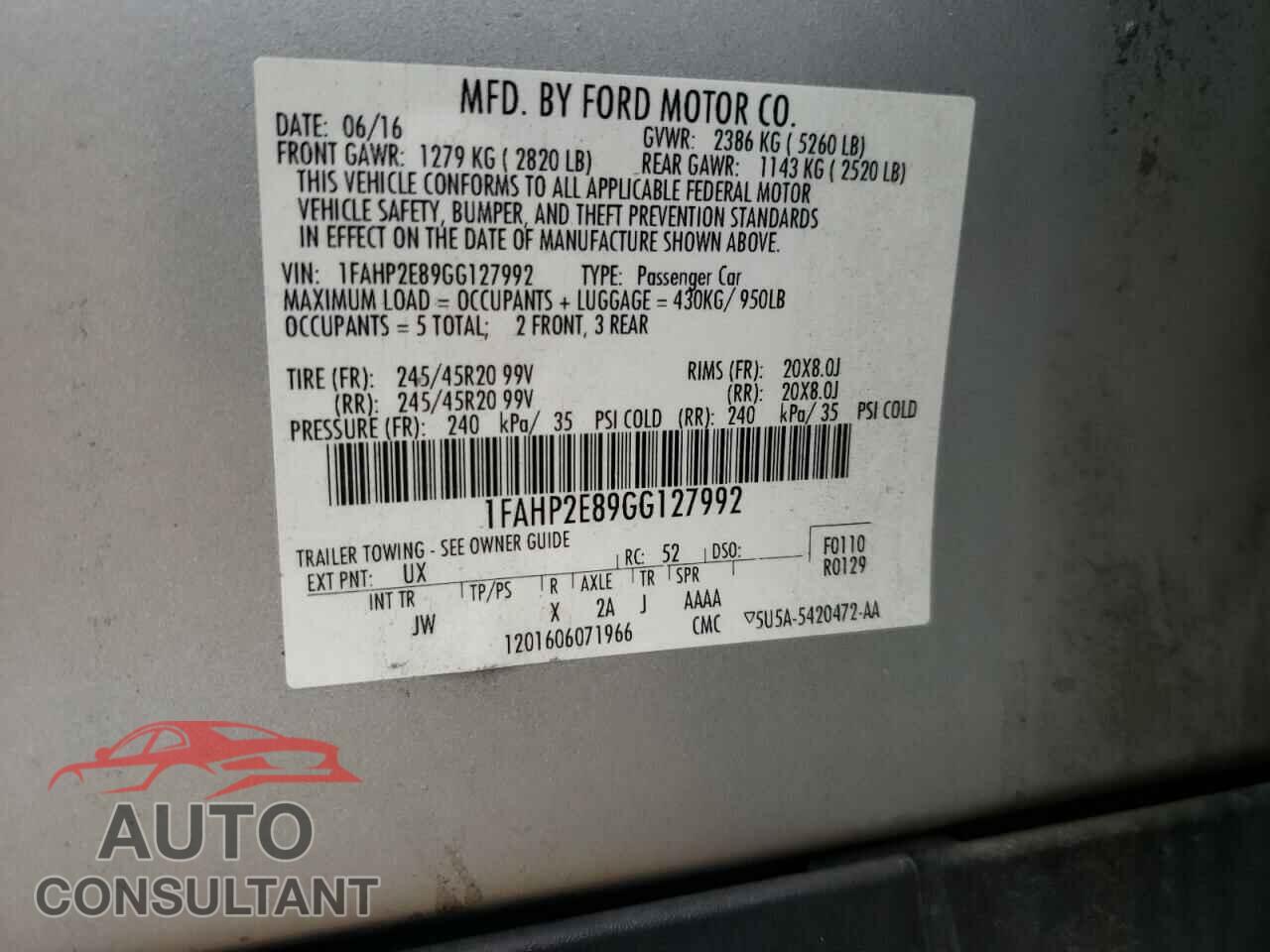 FORD TAURUS 2016 - 1FAHP2E89GG127992