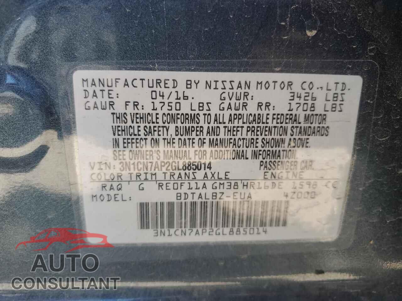 NISSAN VERSA 2016 - 3N1CN7AP2GL885014