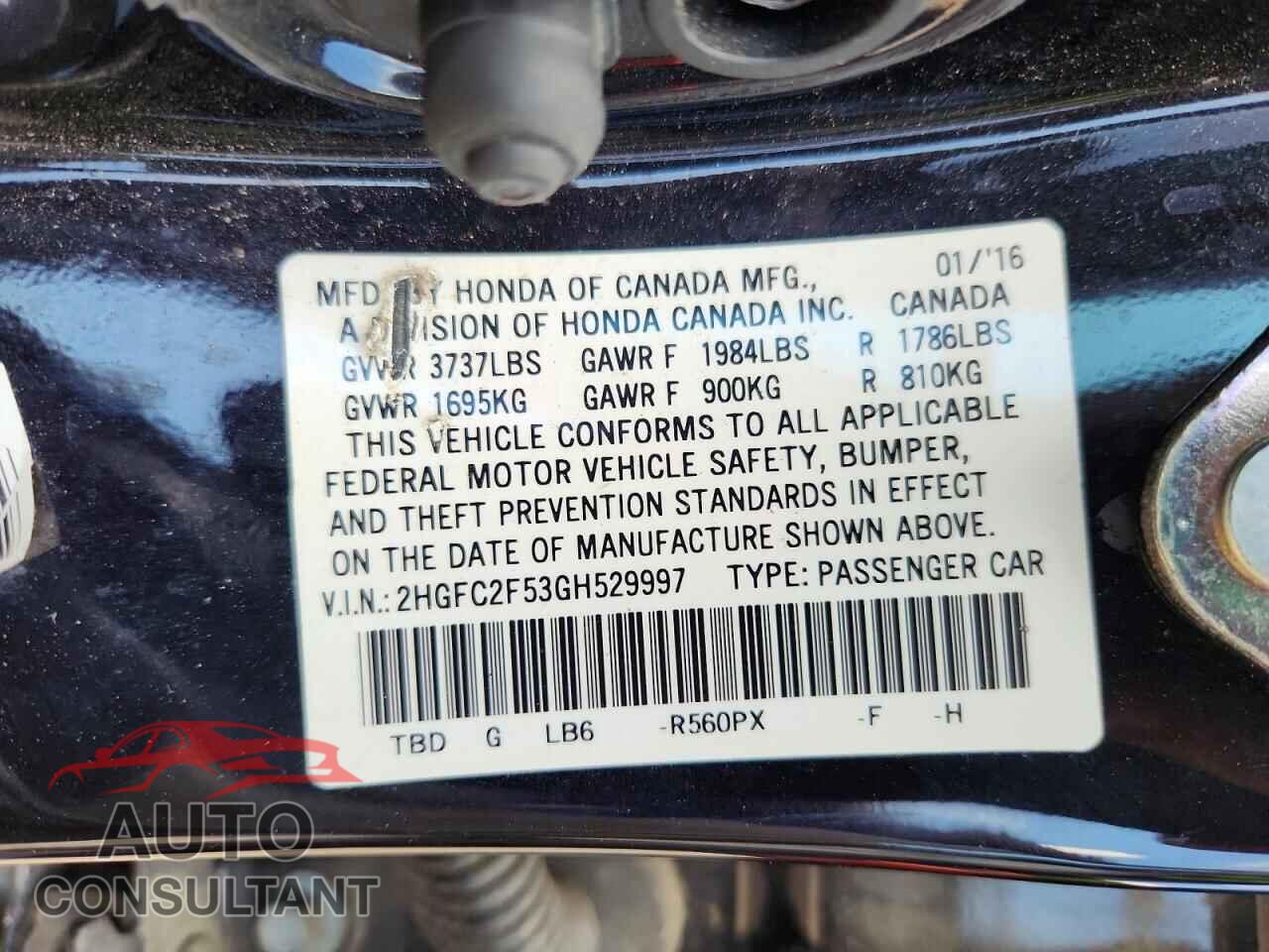 HONDA CIVIC 2016 - 2HGFC2F53GH529997