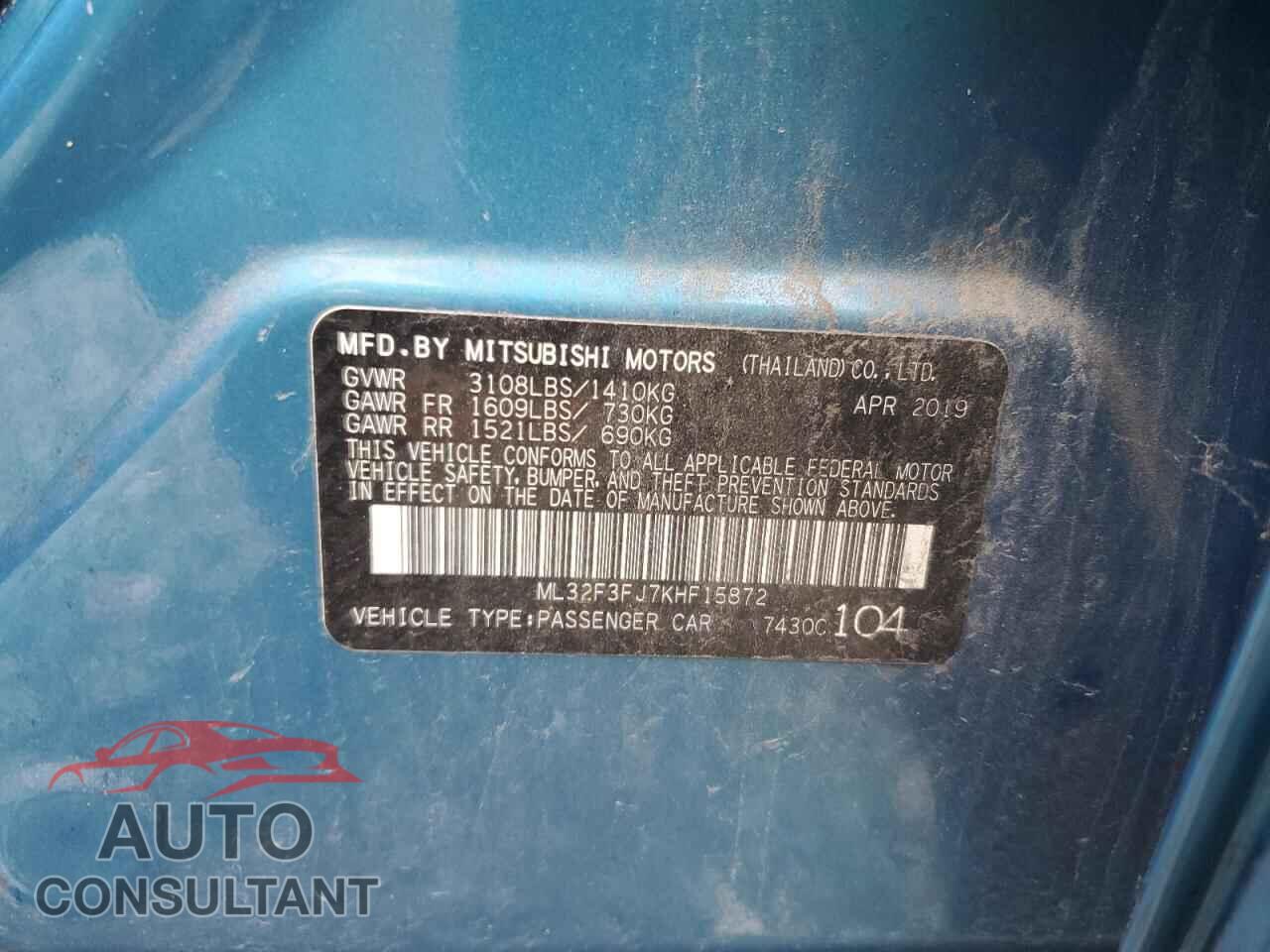 MITSUBISHI MIRAGE 2019 - ML32F3FJ7KHF15872