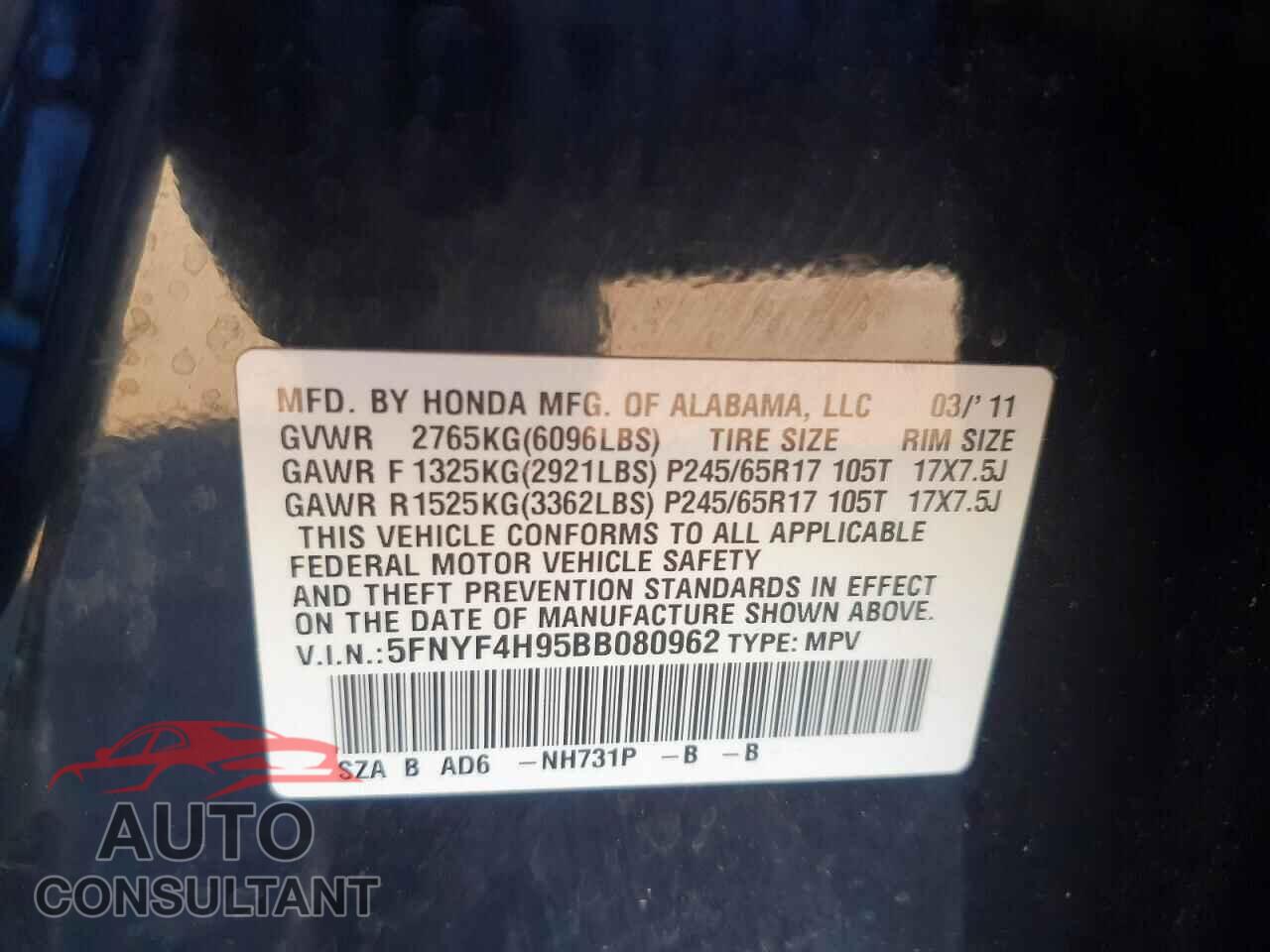 HONDA PILOT 2011 - 5FNYF4H95BB080962