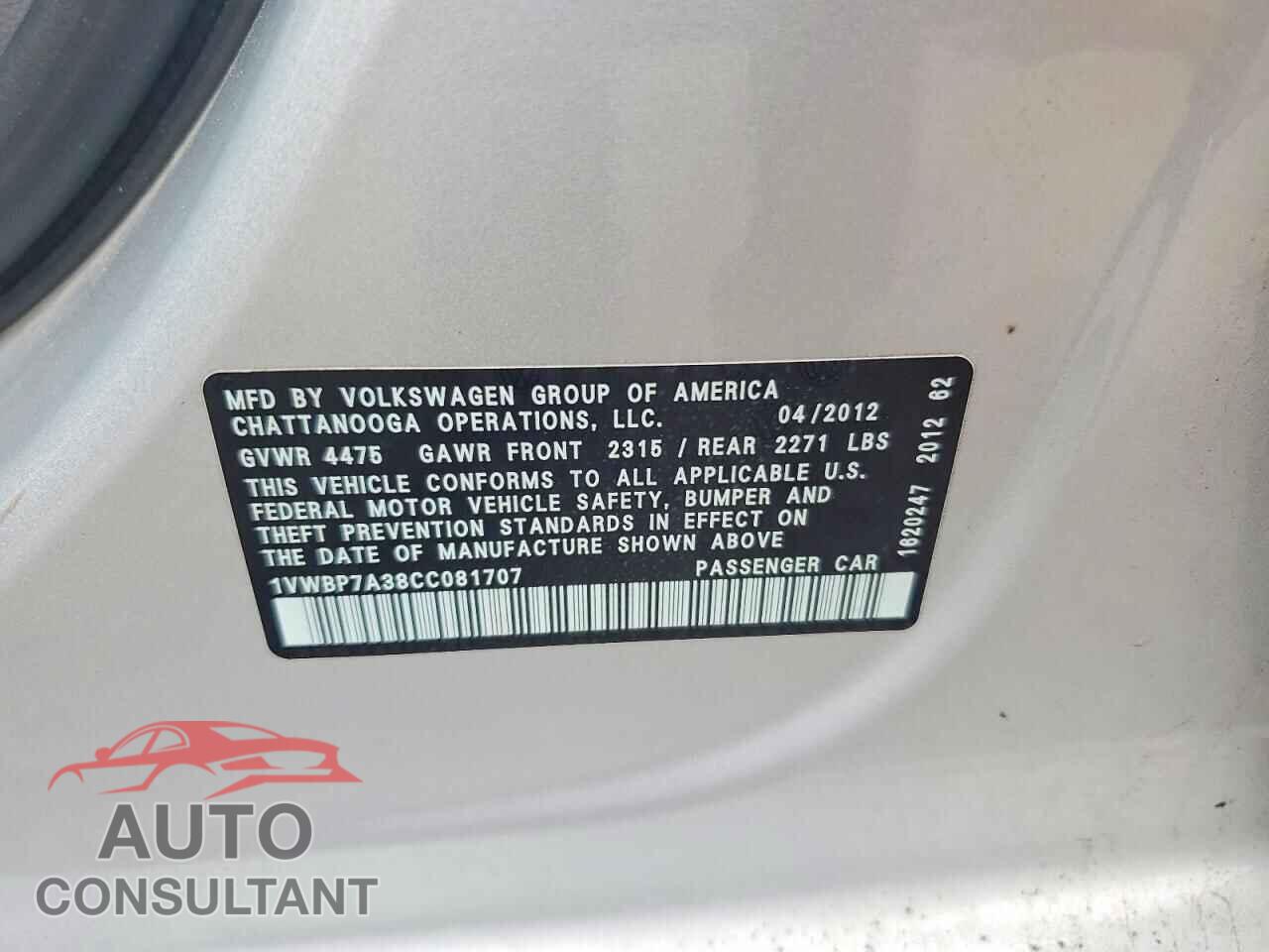 VOLKSWAGEN PASSAT 2012 - 1VWBP7A38CC081707