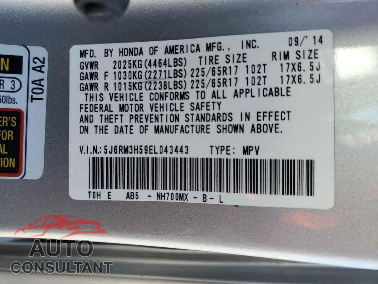 HONDA CRV 2014 - 5J6RM3H59EL043443