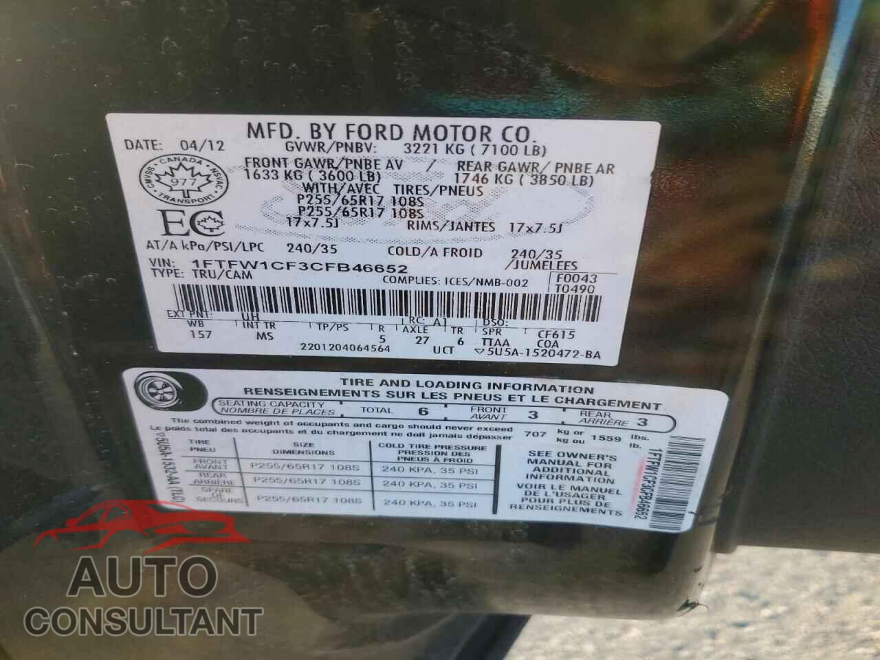 FORD F150 2012 - 1FTFW1CF3CFB46652