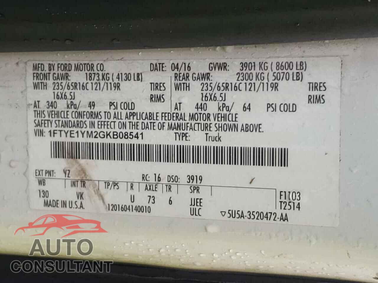 FORD TRANSIT 2016 - 1FTYE1YM2GKB08541