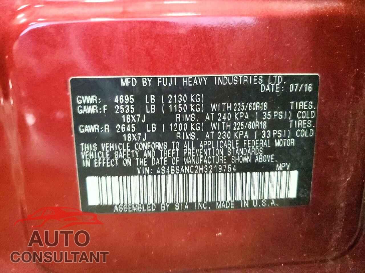 SUBARU OUTBACK 2017 - 4S4BSANC2H3219754