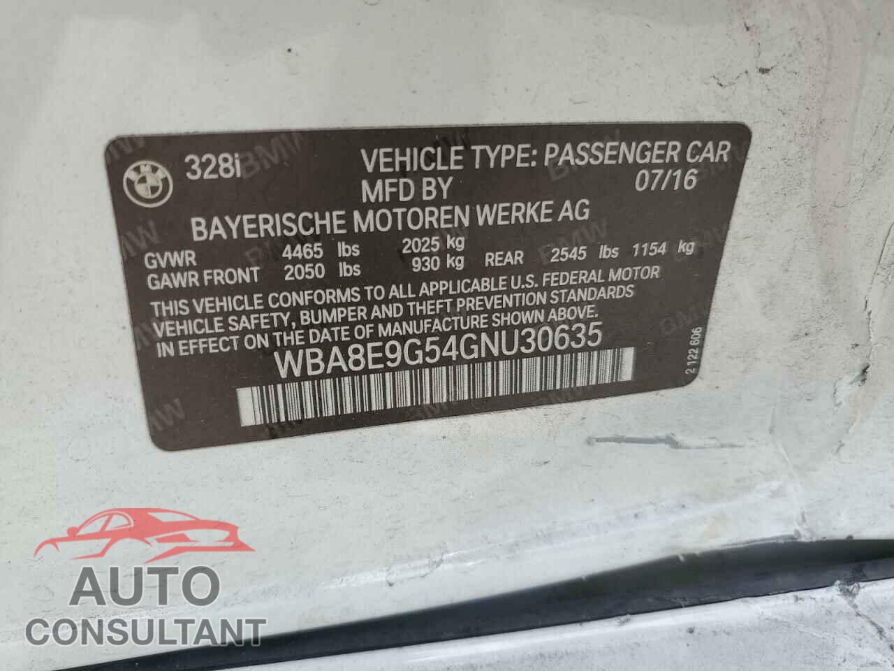 BMW 3 SERIES 2016 - WBA8E9G54GNU30635