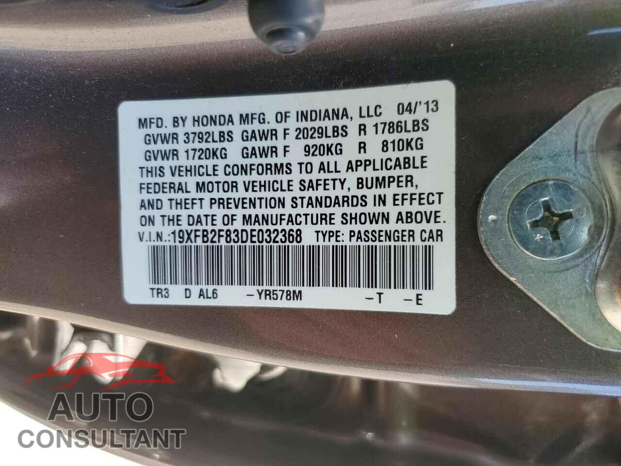 HONDA CIVIC 2013 - 19XFB2F83DE032368
