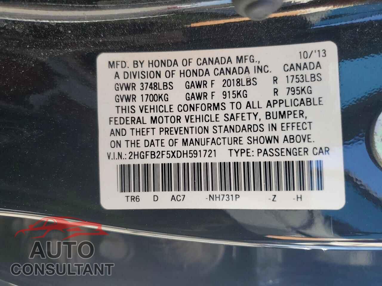 HONDA CIVIC 2013 - 2HGFB2F5XDH591721