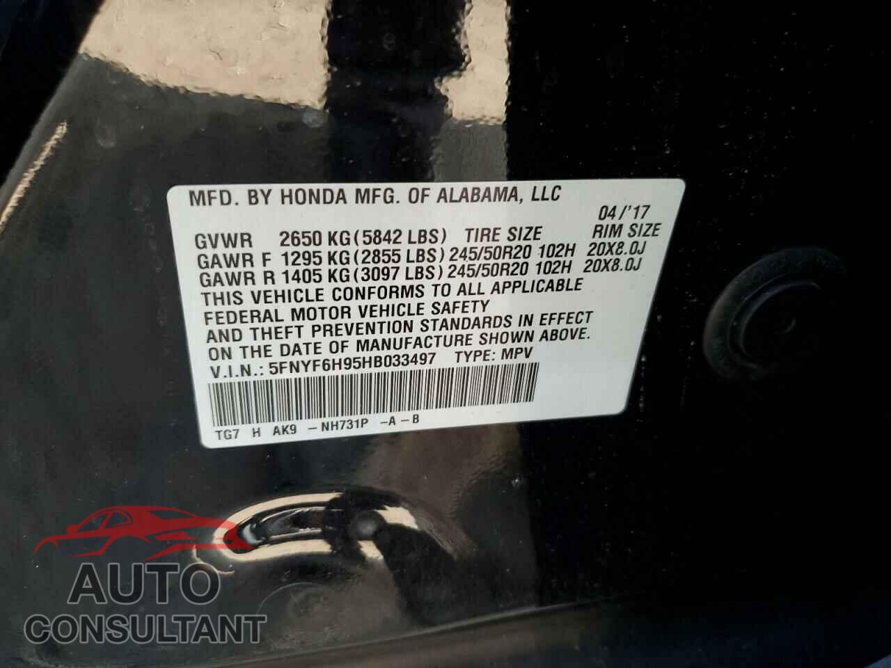 HONDA PILOT 2017 - 5FNYF6H95HB033497
