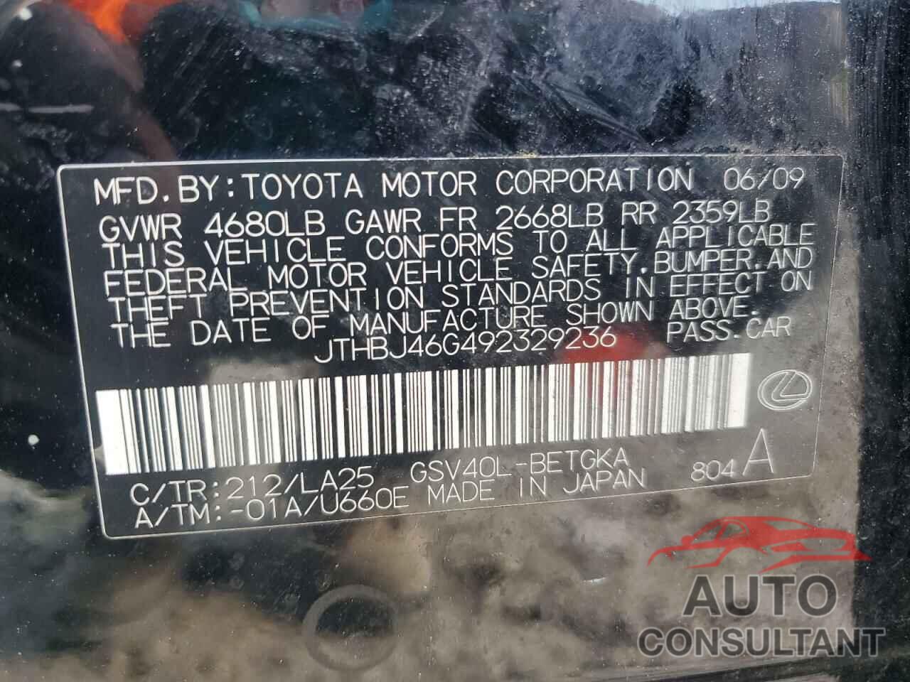 LEXUS ES350 2009 - JTHBJ46G492329236