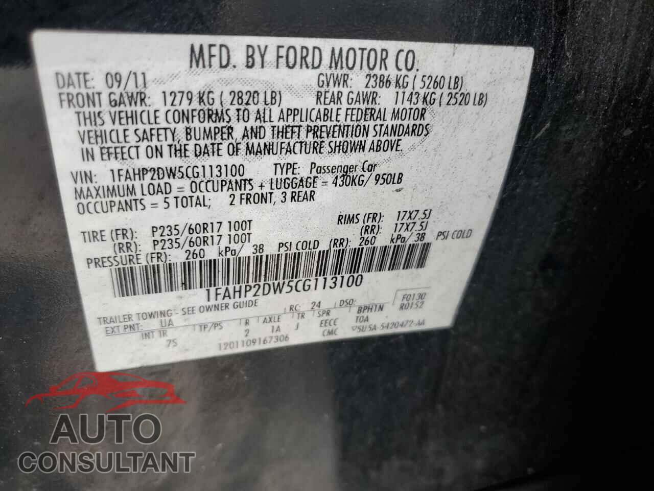 FORD TAURUS 2012 - 1FAHP2DW5CG113100
