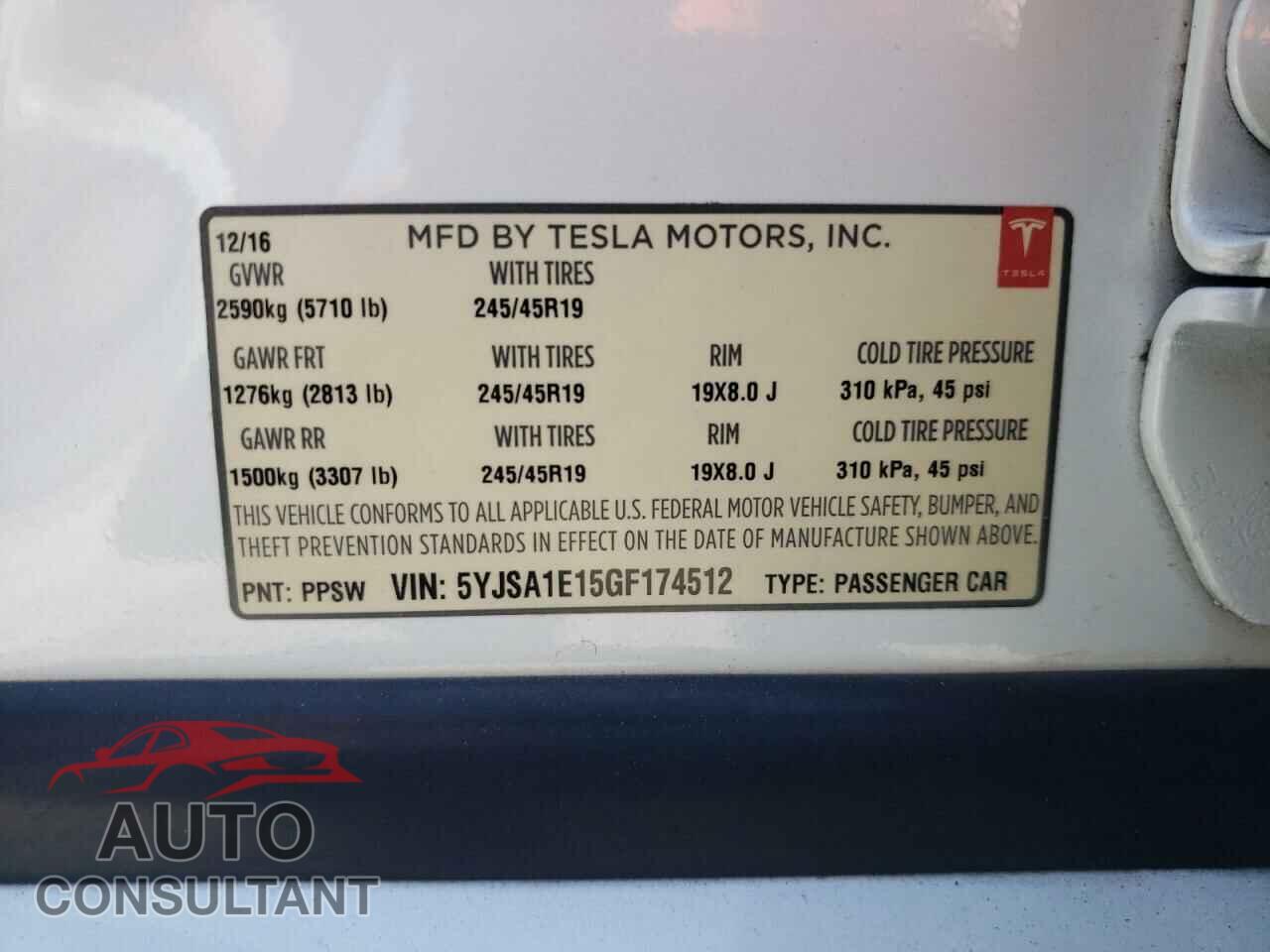 TESLA MODEL S 2016 - 5YJSA1E15GF174512