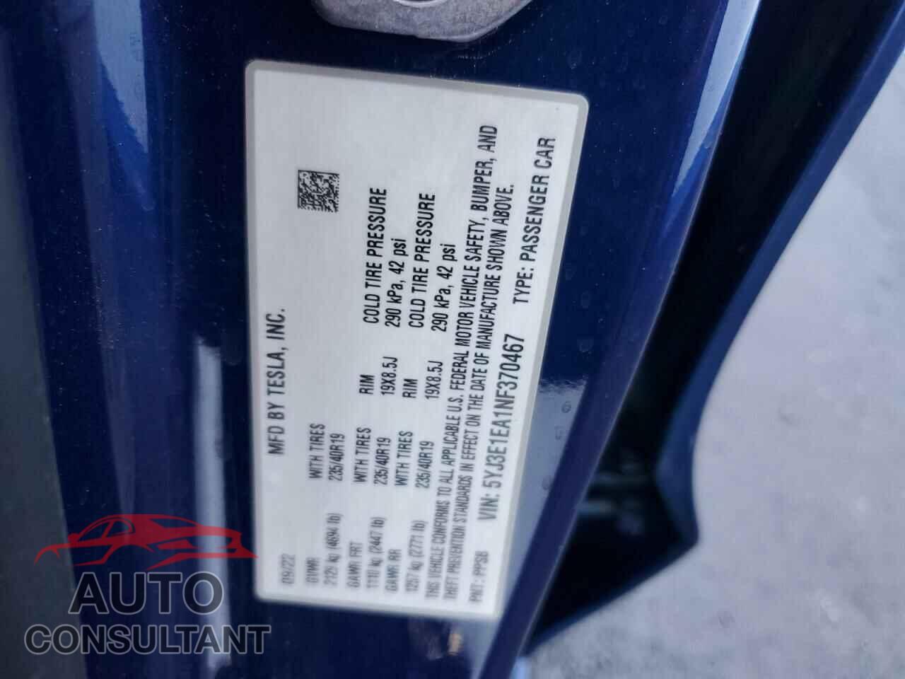TESLA MODEL 3 2022 - 5YJ3E1EA1NF370467