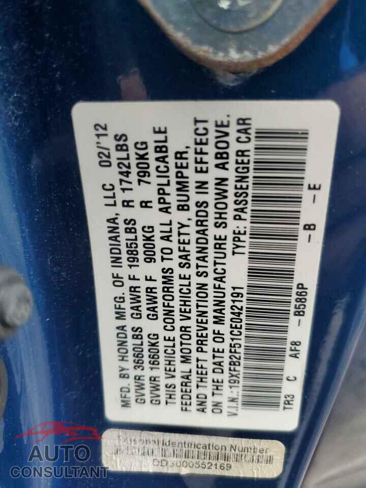 HONDA CIVIC 2012 - 19XFB2F51CE042191