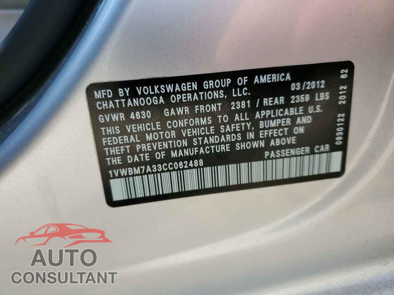 VOLKSWAGEN PASSAT 2012 - 1VWBM7A33CC062488