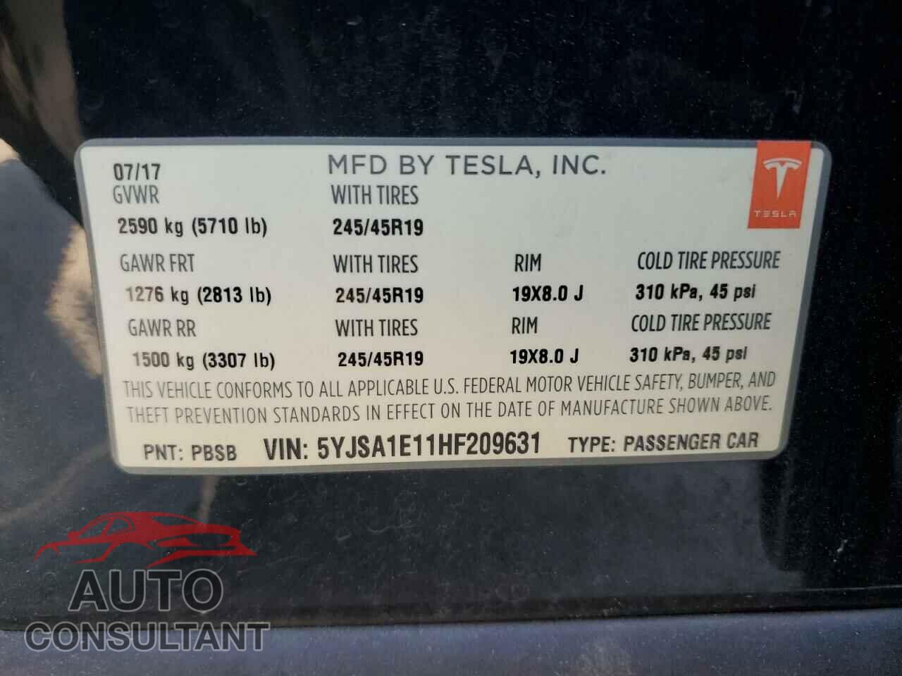 TESLA MODEL S 2017 - 5YJSA1E11HF209631