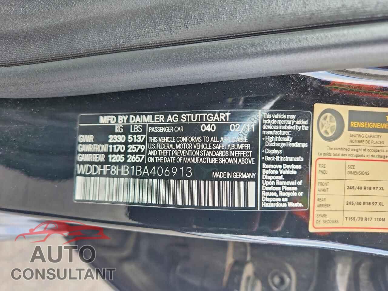 MERCEDES-BENZ E-CLASS 2011 - WDDHF8HB1BA406913