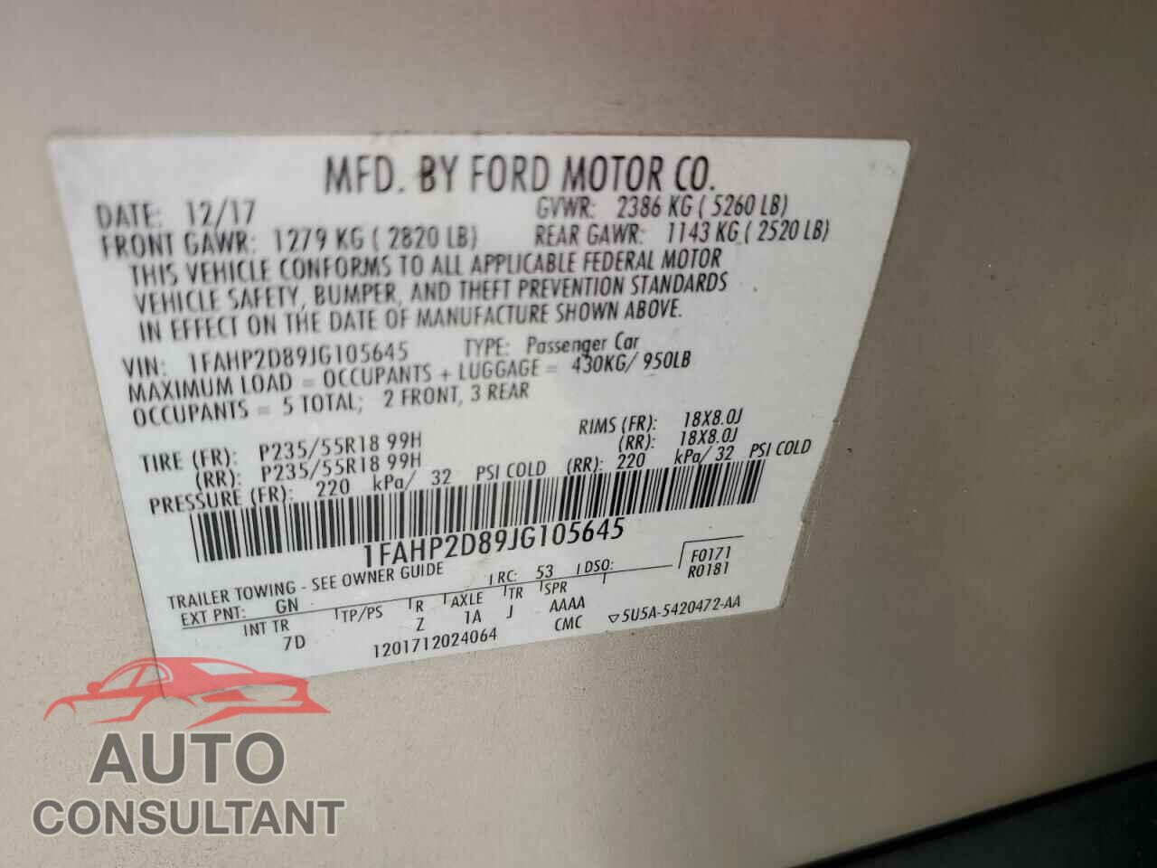 FORD TAURUS 2018 - 1FAHP2D89JG105645