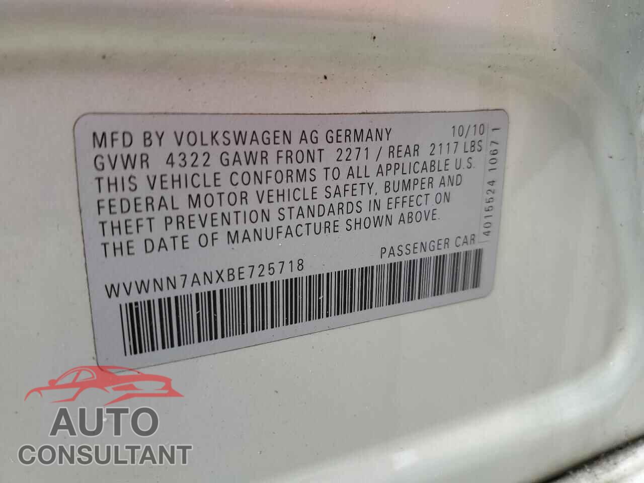 VOLKSWAGEN CC 2011 - WVWNN7ANXBE725718