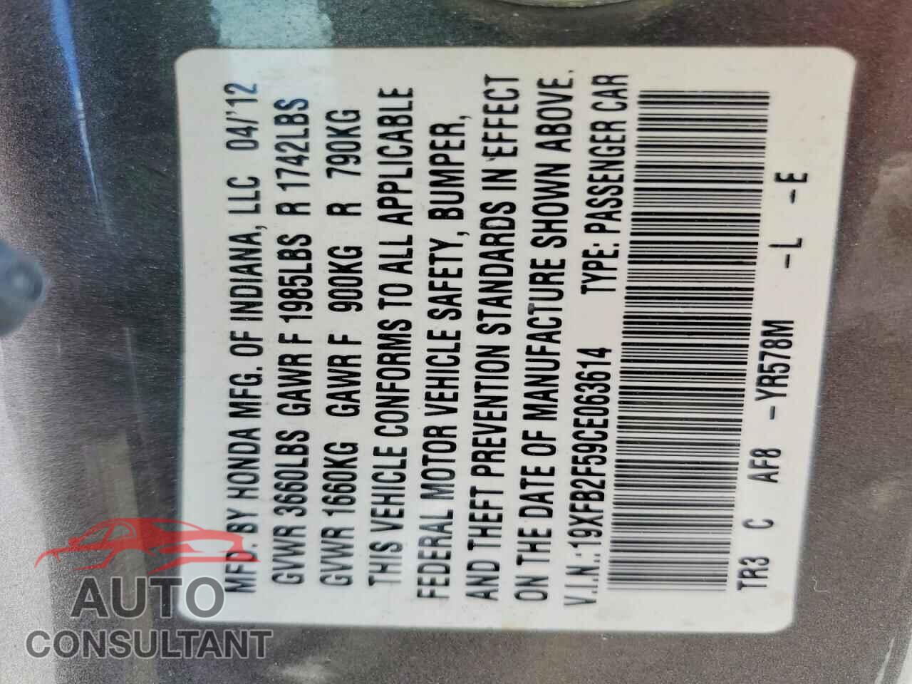 HONDA CIVIC 2012 - 19XFB2F59CE063614