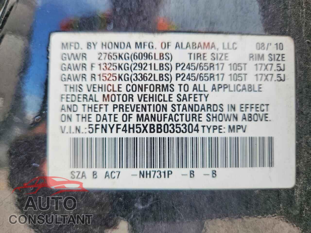 HONDA PILOT 2011 - 5FNYF4H5XBB035304
