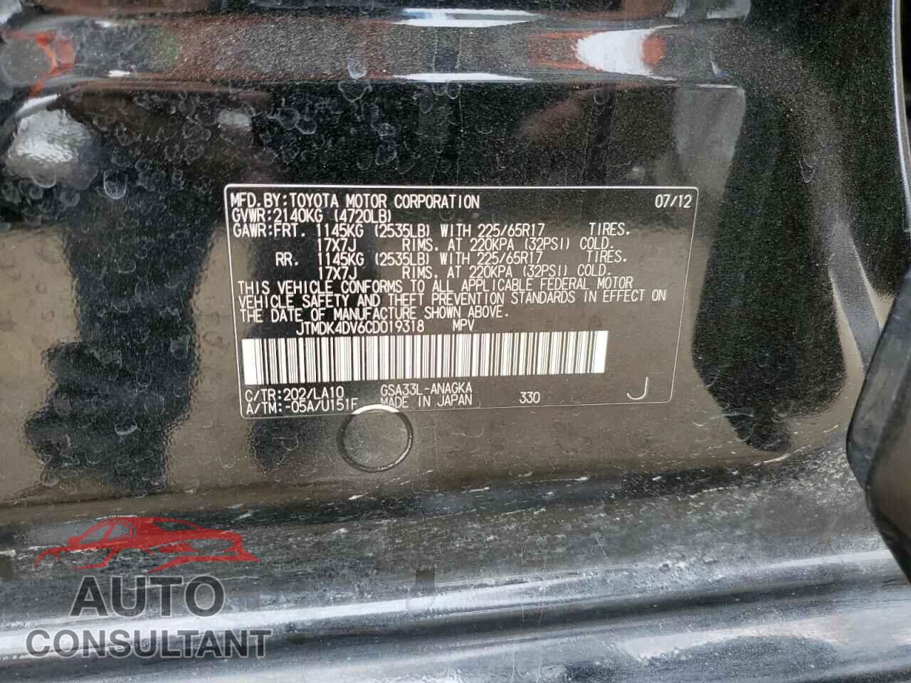 TOYOTA RAV4 2012 - JTMDK4DV6CD019318
