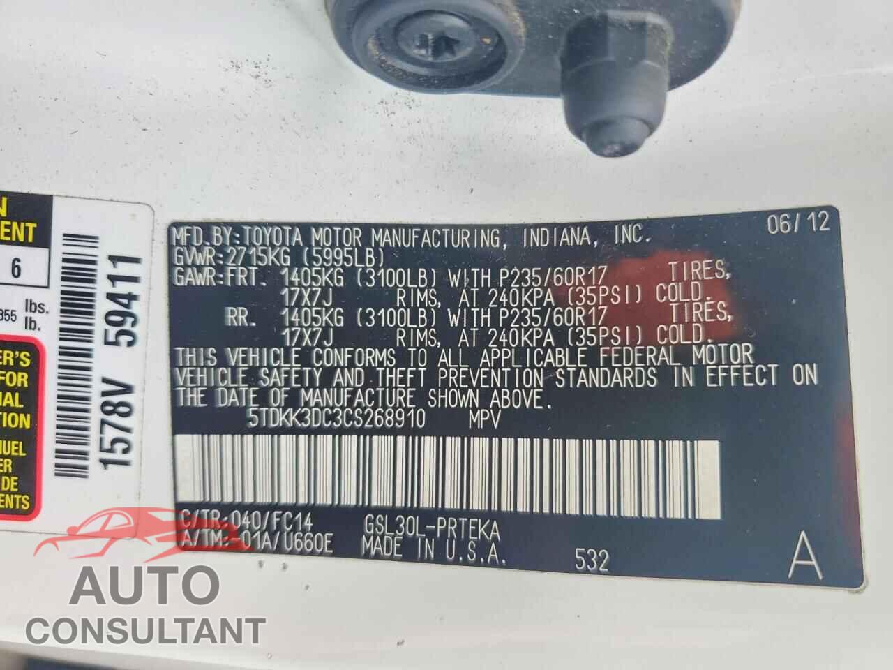 TOYOTA SIENNA 2012 - 5TDKK3DC3CS268910