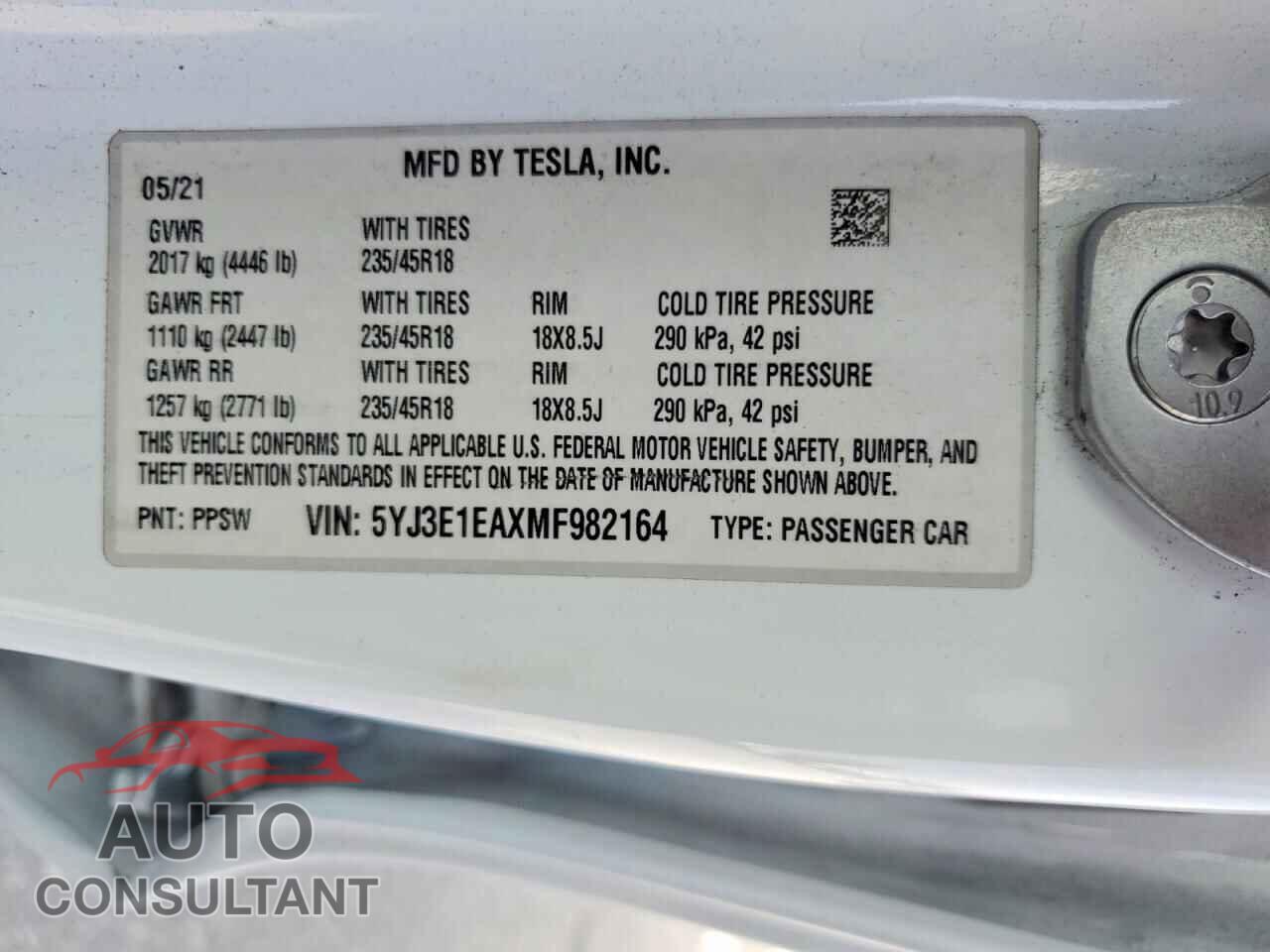 TESLA MODEL 3 2021 - 5YJ3E1EAXMF982164